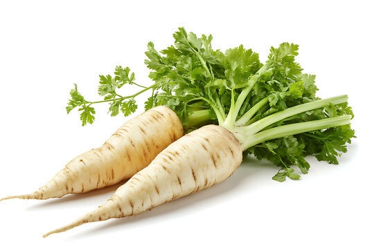 Fresh parsnips with water droplets, natural texture with fine root hairs.
