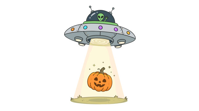 Cute cartoon alien spaceship abducting a smiling pumpkin for halloween celebration