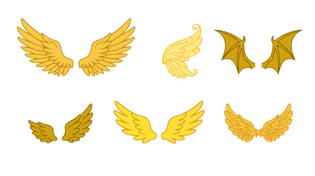 Set of golden angel wings with different styles and designs