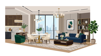 Luxurious Modern Apartment Interior Design with Blue Sofa Marble Dining Table and Scenic City View © hayati