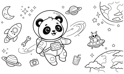 Fototapeta premium Panda astronaut coloring page space adventure with planets rockets and alien fun for kids