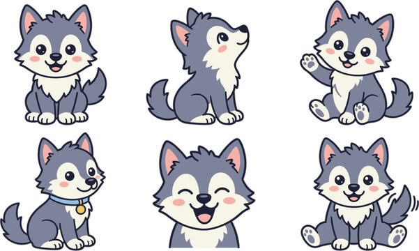 Cute husky puppy character vector illustration set featuring little dog sitting waving howling smiling and wagging tail