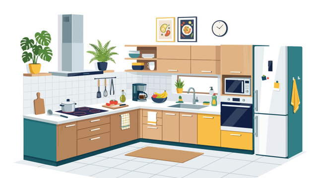 Modern Kitchen Interior with Wooden Cabinets Refrigerator Stove and Home Decorations Illustration for Design