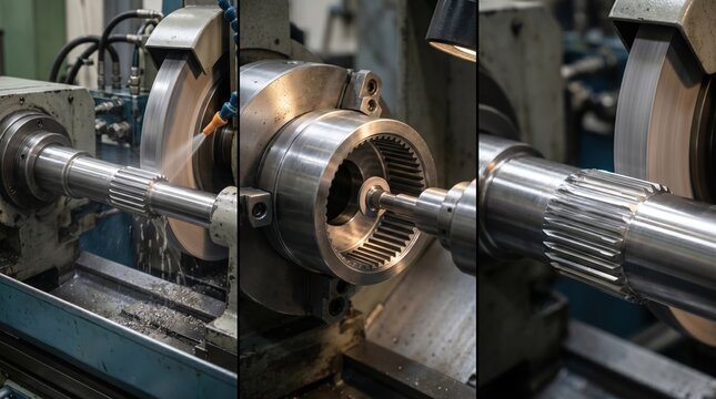 Medium shot of an industrial machine grinding an external spline shaft showcasing detailed metal finishing and precise tool alignment. Medium shot focusing on internal spline hub