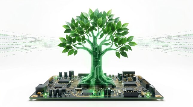 Digital tree growing from circuit board isolated on white background