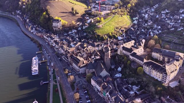  Aerial view around the city and old town of Cochem beside the river Mosel  in Germany on a sunny spring day 
