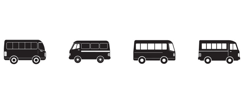 bus silhouettes in different angles and designs on white background  transportation icons