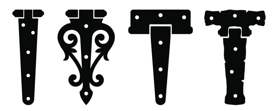 Collection of decorative iron door strap hinges silhouettes on transparent background vector.