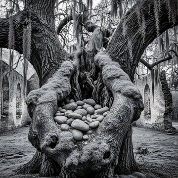 A tree's twisted trunk cradles smooth stones in a mystical, ancient setting