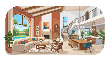 Contemporary Interior Design for a Luxury Mansion with Open Living Room Dining Area and Grand Spiral Stairs © hayati