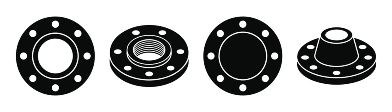 Collection of industrial pipe flanges with bolt holes in different perspectives on grid.