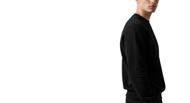 Androgynous model (early 30s) in a blank black crewneck sweatshirt, highly detailed fabric texture, shallow dof, set against light grey studio background with copy space. Concept for premium blank