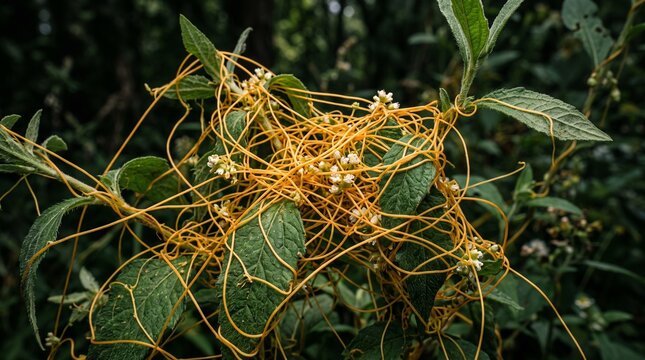 Intricate bright orange parasitic dodder vines with small white flowers wrapped around a green host plant, highlighting botanical entanglement in a natural environment