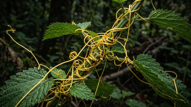 Yellow Parasitic Dodder Plant Twining Around Green Leaves in a Dark Forest Habitat