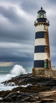 A striped lighthouse on rocky coast with stormy sea and cloudy sky