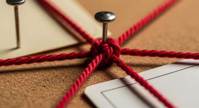 Red string connection on corkboard with metal push pins, detective investigation board concept, network link and conspiracy theory background