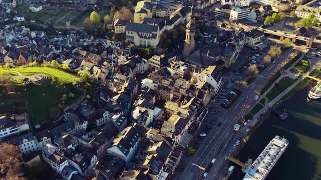  Aerial view around the city and old town of Cochem beside the river Mosel  in Germany on a sunny spring day 