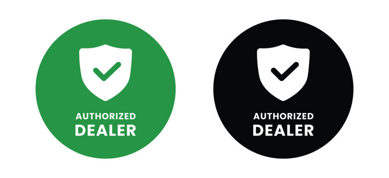 Shield and check mark icons two tone flat design with authorized dealer text isolated on white