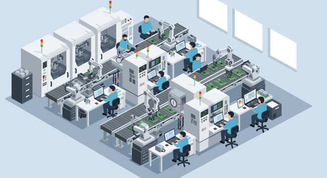 Modern automated food production line in high-tech factory. Robotic manufacturing system processing packaged goods with precision engineering.