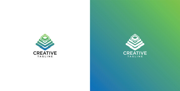 Modern geometric pyramid logo design template with green and blue gradient