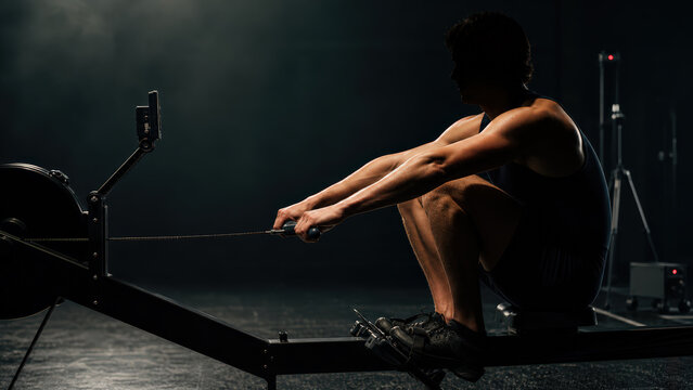 Athlete preparing on rowing machine in sports lab