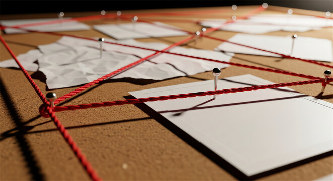 Detective investigation board with red string, conspiracy theory corkboard with pinned notes, crime mystery evidence map