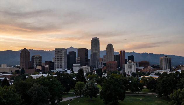 A panoramic cityscape of Denver downtown skyline under a dramatic golden sunset sky, viewed from a lush green public park, created with generative ai.
