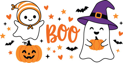 Fototapeta premium Charming halloween vector ghost illustration with bow bats and flowers spooky fall design