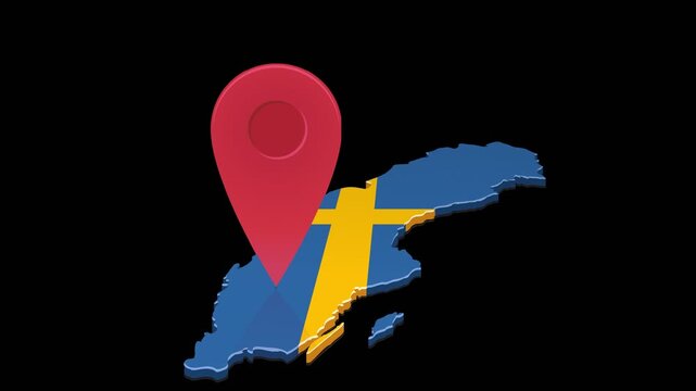 Loopable animation of a map pin bouncing on Sweden 3D map. Travel navigation concept. Chroma key green screen with alpha channel. (loopable)