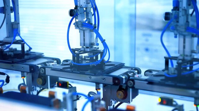 Automated factory conveyor belt assembly line with robotic arms installing electronic parts. Modern smart industrial technology manufacturing solar panel cells or high-tech equipment inside lab.
