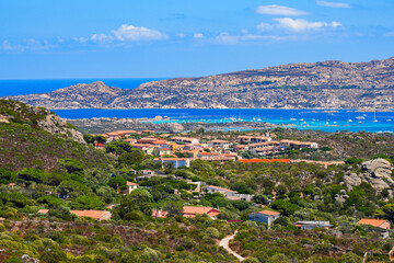 Fototapeta premium Aerial view of La Maddalena, capital city of the eponym archipelago located in the Mediterranean Sea in Sardinia, Italy