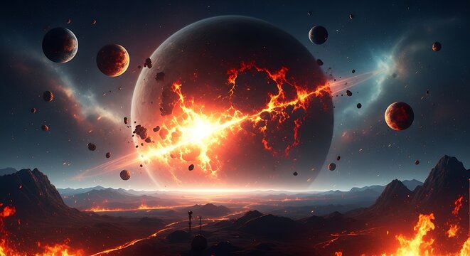 A surreal, apocalyptic scene with a large planet exploding amidst a fiery landscape