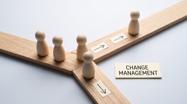 Change management concept with wooden peg figures on a fork in the road, business transformation and strategic leadership direction, corporate decision making