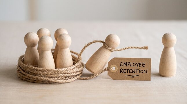Employee retention concept with wooden figures, staff turnover and workforce stability metaphor, human resources management strategy