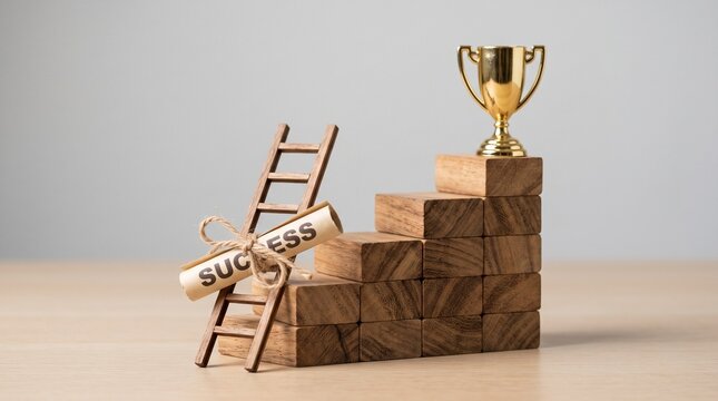 Business success concept with wooden block stairs, miniature ladder leading to golden trophy, rolled scroll with success text on office desk