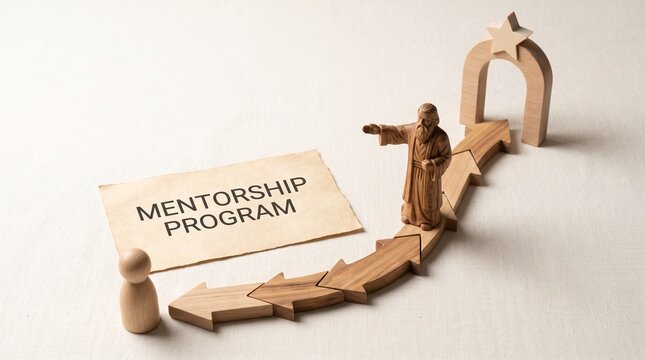 Mentorship program concept with wooden figures, mentor guiding student on arrow path to success, career development and coaching metaphor