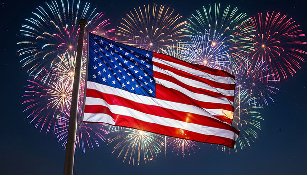 An American flag waving on a flagpole illuminated by vibrant colorful fireworks exploding in the night sky, created with generative ai.
