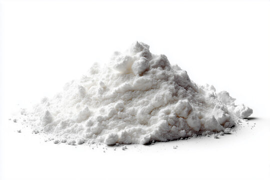 A small delicate heap of loose dry white talcum powder and cosmetic mineral silicate dust isolated on a pure white background