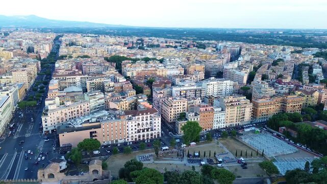 Aerial drone view of the Basilica of St. John Lateran and Rome cityscape panorama, Italy