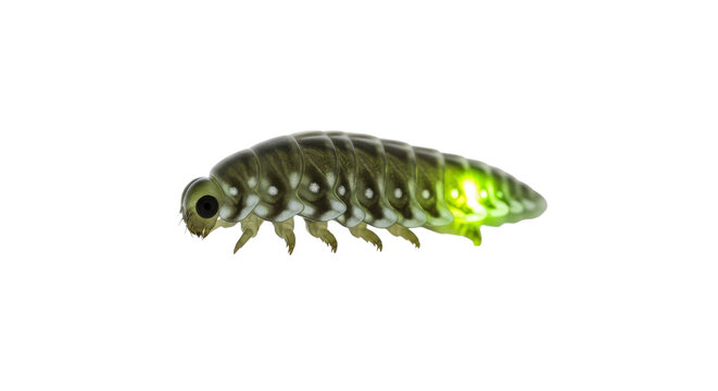 Female glowworm on transparent background. Bioluminescent larva for nighttime nature photography articles or science documentaries on light.