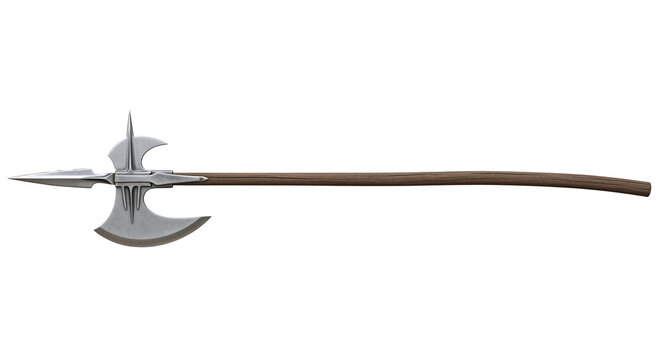 Halberd on transparent background. Medieval polearm weapon with axe blade and spike for historical museum displays or middle ages warfare educational projects.