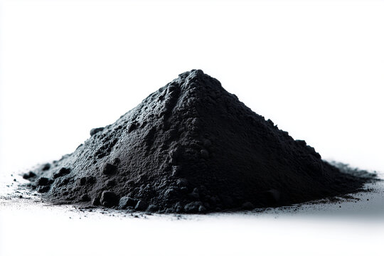 A small neat pile of dark grey industrial graphite powder and metallic carbon lubricant dust isolated on a pure white background