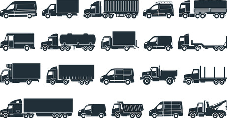 Commercial Truck and Delivery Vehicle Silhouette Collection with Cargo Vans, Semi Trucks, Tankers, Dump Trucks and Transport Vector Icon Set © Danial