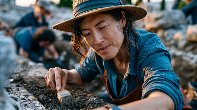 Archaeologist in wide-brimmed hat brushing soil from mosaic tile at Mediterranean excavation site, team colleagues working nearby trenches, classical antiquity dig classical civilizations heritage .
