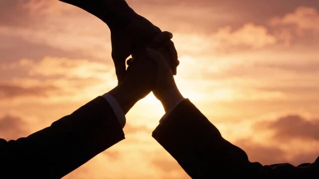 Teamwork and unity, hands stacked together in silhouette against a sunset sky