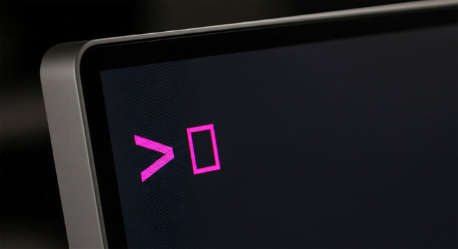 Command line interface on computer screen, pink terminal prompt cursor on dark monitor, software development and coding concept