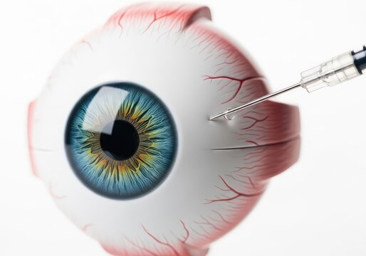 Macro view of a medical needle administering an intravitreal injection into a realistic anatomical eye model for advanced ophthalmic treatment, diagnostic, equipment, iris