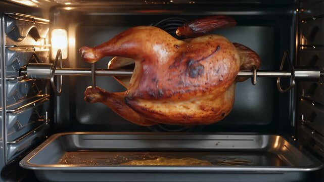 Whole chicken rotating on a rotisserie spit inside a modern oven. 4K Video