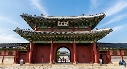 Obraz premium A traditional Asian gate with a red and green roof and archway