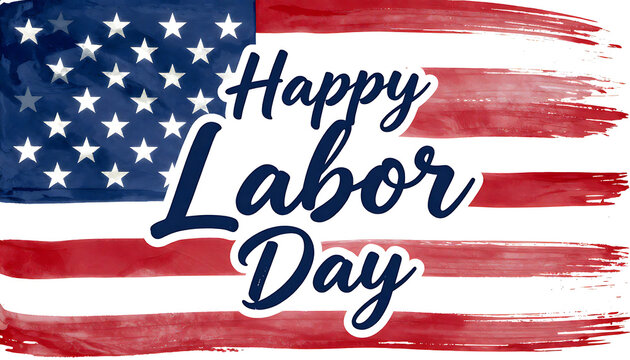 A patriotic greeting card with "Happy Labor Day" text styled over a watercolor brush stroke USA flag background, created with generative ai.
